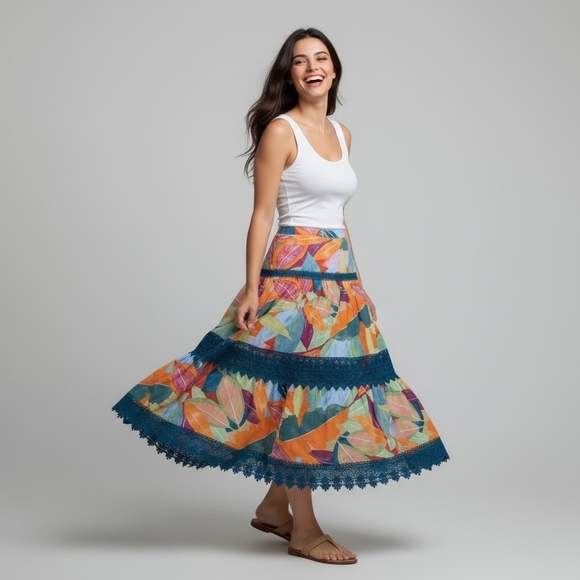 Time and Tru Dresses & Skirts - Diamond True XL Tropical Women's Boho A-Line Skirt Blue Lace Trim